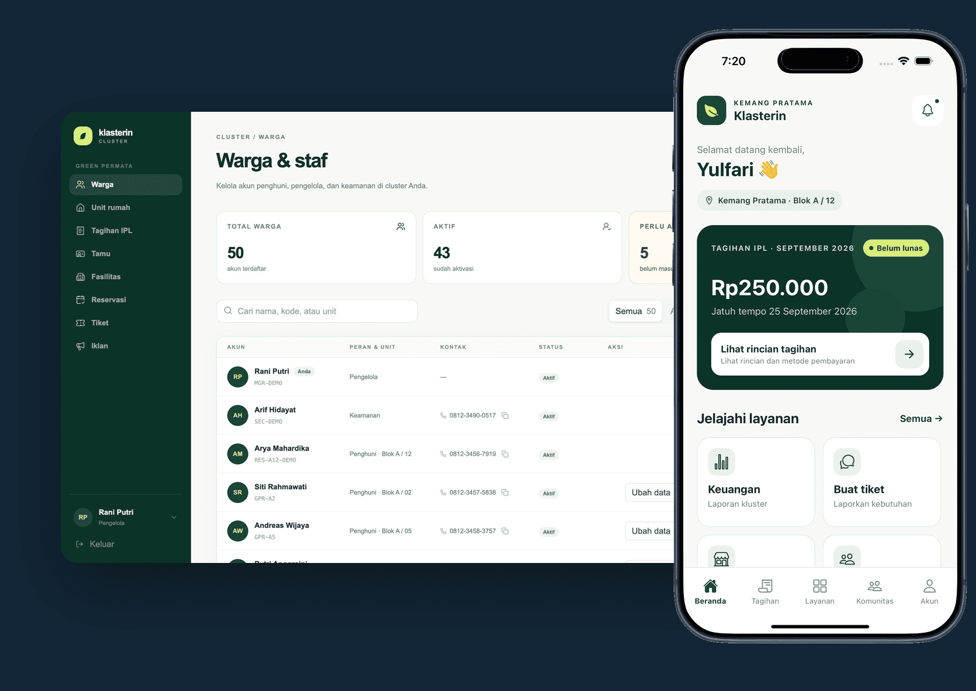 Aplikasi warga dan dashboard pengelola Klasterin